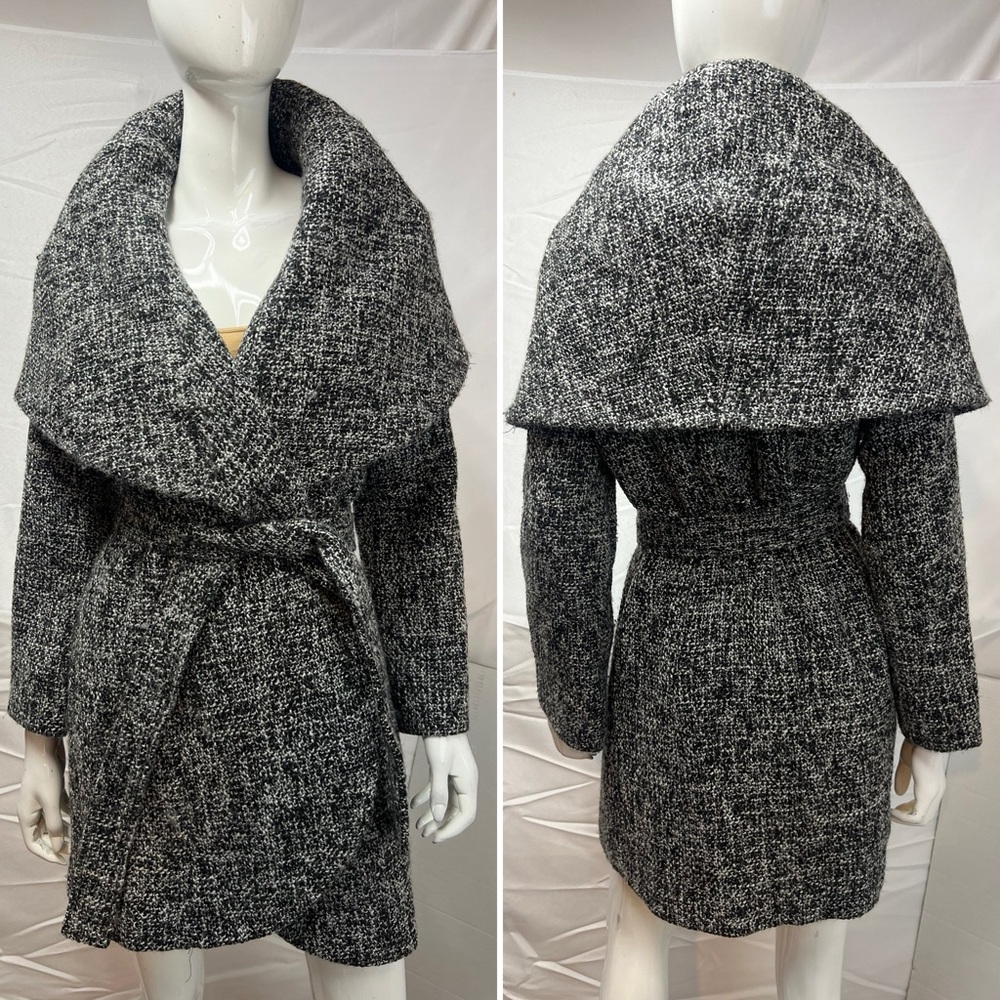 T Tahari Women’s Small Black White Tweed Belted Shawl Collar Coat Jacket